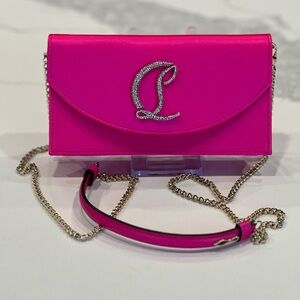 💖 Christian Louboutin Loubi54 Fuchsia Satin Chain Wallet w/ Crystal CL Logo💎